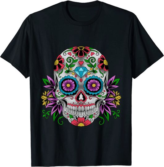 Discover T-Shirt Camiseta Manga Curta para Homem e Mulher Crânio de Açúcar Diamante dia dos Mortos