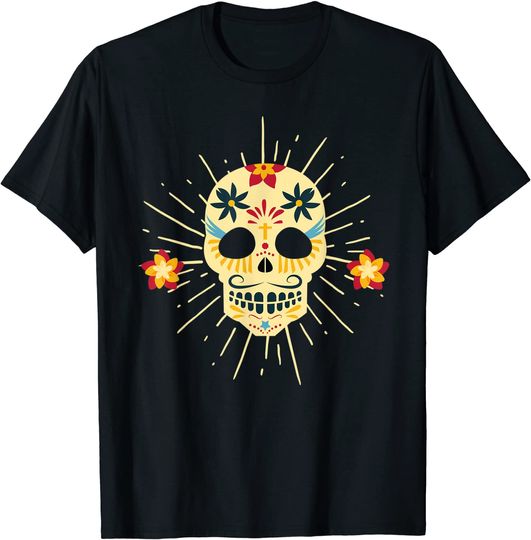 Discover T-Shirt Camiseta Manga Curta para Homem e Mulher Crânio Brilhante Dia dos Mortos
