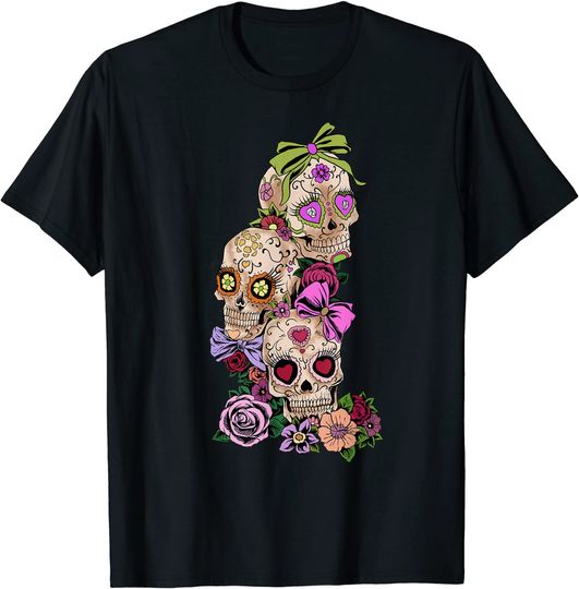 Discover Crânio Flores Dia dos Mortos | T Shirt Camisete Manga Curta para Homem e Mulher
