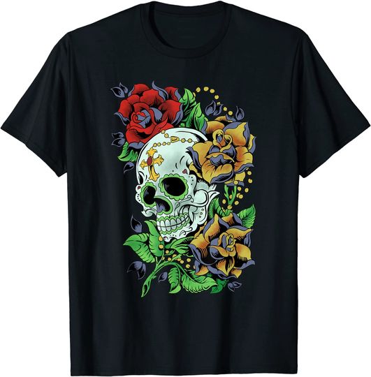 Discover Crânio e Flor Dia dos Mortos | T Shirt Camisete Manga Curta para Homem e Mulher