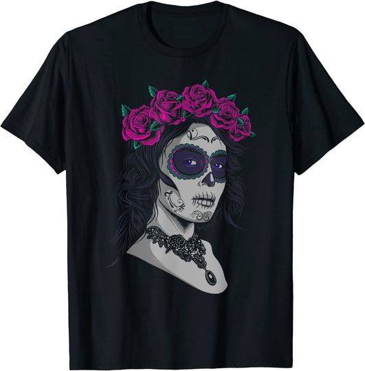 Senhora dos Mortos com Guirlanda Dia dos Mortos | T Shirt Camisete Manga Curta para Homem e Mulher