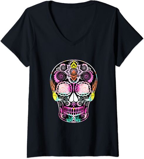 Discover Crânio Floral de Açúcar do Dia dos Mortos | T-shirt Camisete de Mulher com Decote Em V