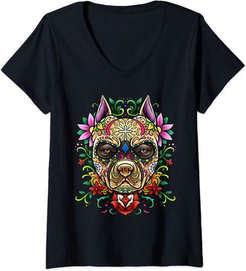 Discover Cão Caveira de Açúcar Decorado | T-shirt Camiseta de Mulher com Decote Em V