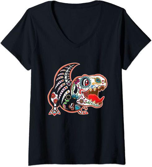 Discover Açúcar Crânio de Dinossauro Dia dos Mortos | T shirt Camiseta de Mulher com Decote Em V