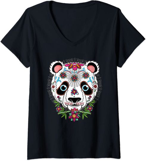 Discover Crânio de Açúcar Panda Dia dos Mortos | T shirt Camiseta de Mulher com Decote Em V