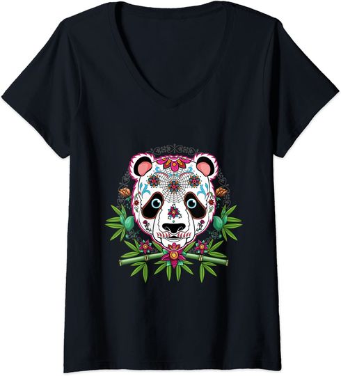 Discover T shirt Camiseta de Mulher com Decote Em V Crânio de Açúcar Presente para Amantes de Panda Dia dos Mortos