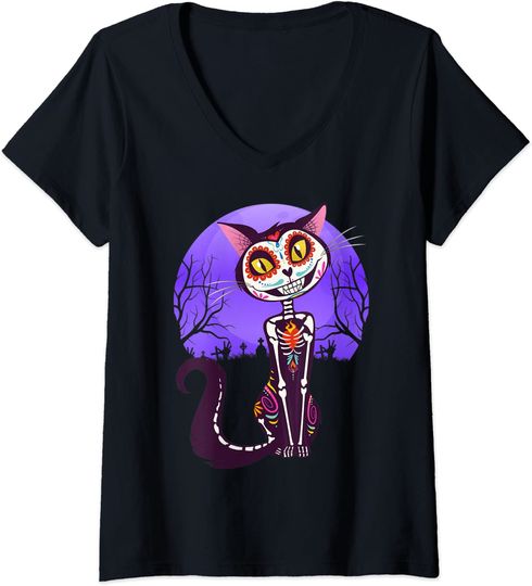 Discover T-shirt Camiseta de Mulher com Decote Em V Halloween Crânio de Açúcar Gato