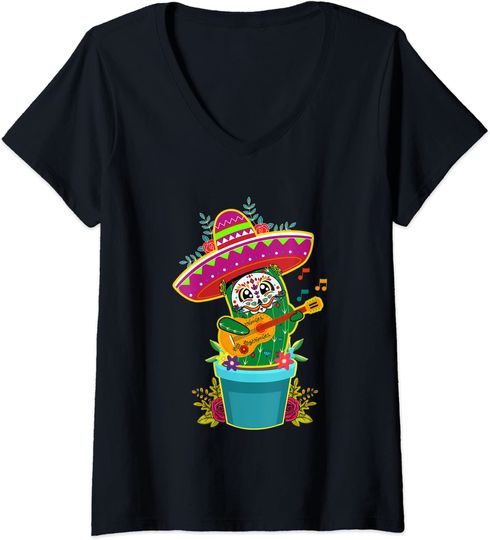 Discover T-shirt Camiseta de Mulher com Decote Em V Dia dos Mortos Festa de Crânio