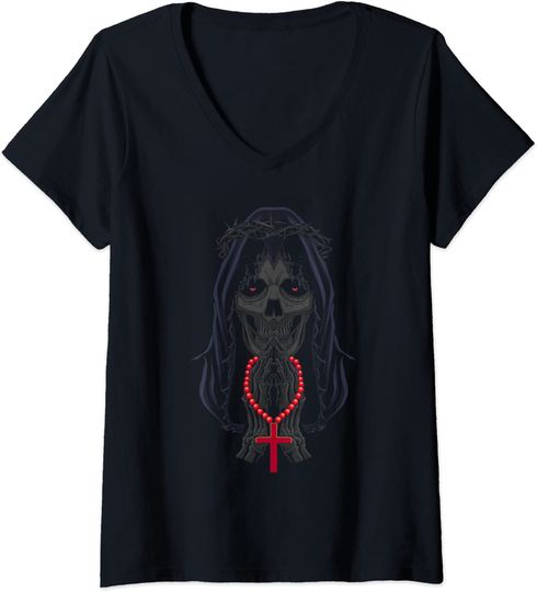 Discover T shirt Camiseta de Mulher com Decote Em V Orações do Dia dos Mortos A Caveira Catrina Santa