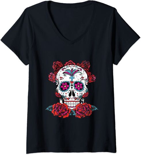 Discover T-shirt Camiseta de Mulher com Decote Em V Crânio de Açúcar Rosa Vermelha