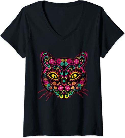 Discover T-shirt Camisete de Mulher com Decote Em V Gato Crânio de Açúcar Dia dos Mortos