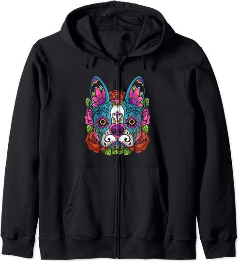 Discover Hoodie Sweatshirt com Capuz e Fecho-Éclair para Homem e Mulher Cão Decoração com Flores Dia dos Mortos México