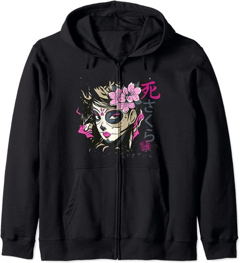 Discover Hoodie Sweater com Capuz e Fecho-Éclair para Homem e Mulher Sugar Skull Dia dos Mortos Mulher Japonesa