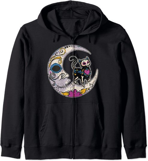 Discover Hoodie Sweater Unissexo com Capuz e Fecho-Éclair Gato e Lua Dia dos Mortos