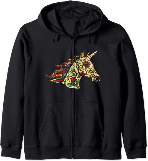 Discover Hoodie Sweater Unissexo com Capuz e Fecho-Éclair Unicórnio Crânio de Açúcar dia dos mortos méxico