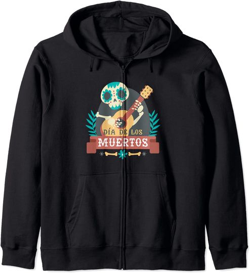 Discover Hoodie Sweater Unissexo com Capuz e Fecho-Éclair para Dia dos Mortos Crânio de Açúcar e Guitarra