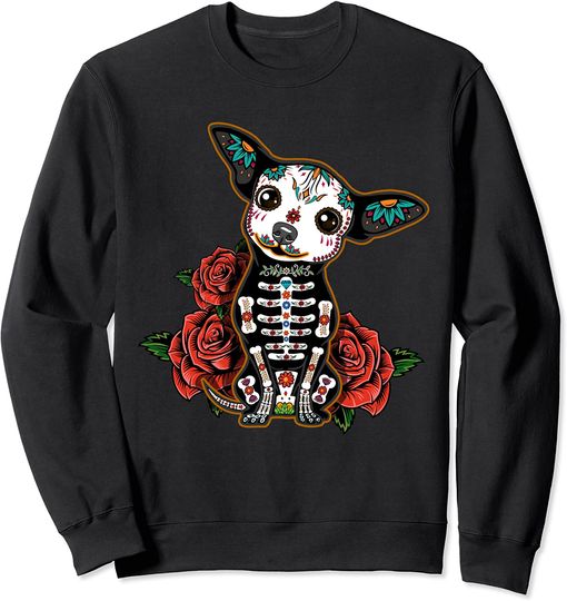 Discover Suéter Sweater para Homem e Mulher Cão Decoração com Flores Dia dos Mortos México