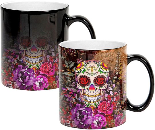 Discover Caneca Mug de Cerâmica Mágica Crânio de Açúcar Decoração com Flores Dia dos Mortos 325ml