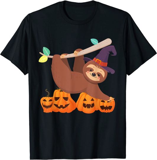 Discover T-shirt Camisete Unissexo Manga Curta Preguiça e Abóbora Presente para o Dia das Bruxas Halloween