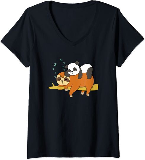 Discover Preguiça e Panda | T-shirt Camisete de Mulher com Decote em V