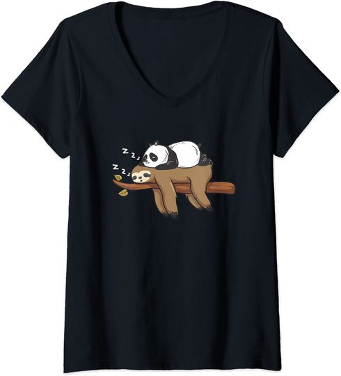Discover Preguiça e Panda Presente Ideal para Amantes de Animal | T-shirt Camisete de Mulher com Decote em V