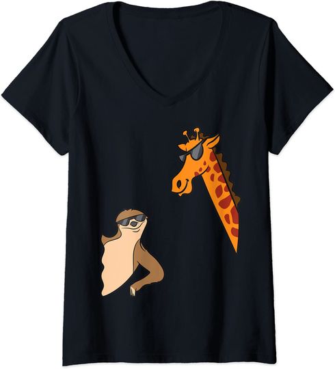 Discover T-shirt Camisete de Mulher com Decote em V Preguiça e Girafa com Óculos de Sol