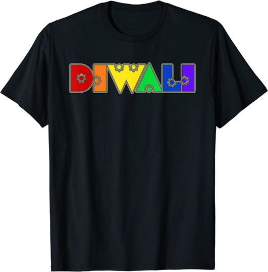 Discover T-Shirt Camisete Manga Curta Unissexo para o Diwali Texto Colorido do Arco-Íris