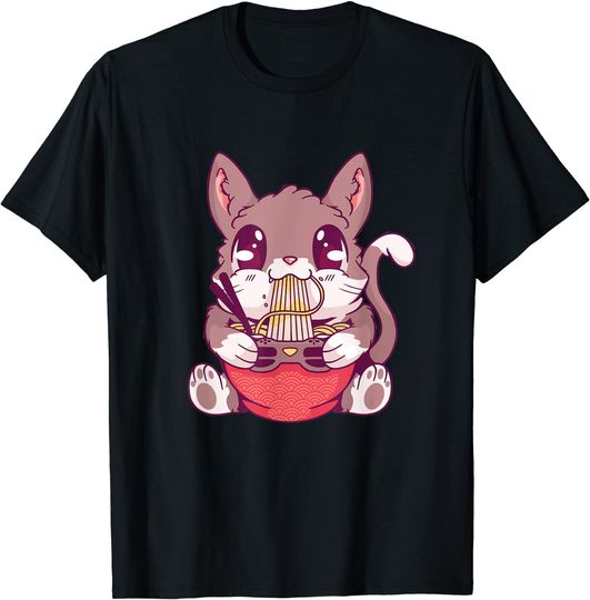 Discover T shirt Camiseta Manga Curta para Homem e Mulher Gato Come Massas