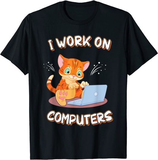 Discover Camiseta Engraçada Gato e Computador | T-shirt Manga Curta para Homem e Mulher