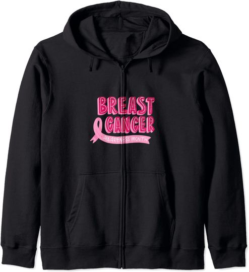 Discover Conscientização de Cancro de Mama | Hoodie Sweater com Capuz e Fecho-éclair para Homem e Mulher