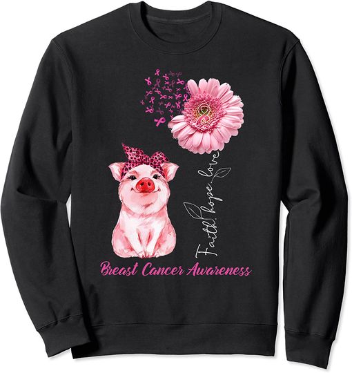 Discover Suéter Sweatshirt para Homem e Mulher Flor e Porco com Arco Conscientização do Cancro de Mama
