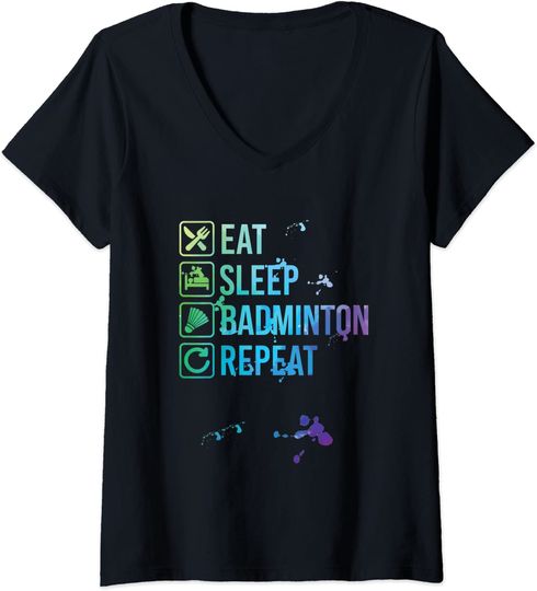 Discover T shirt Camisete de Mulher Decote em V Eat Sleep Badminton Repeat Aquarela