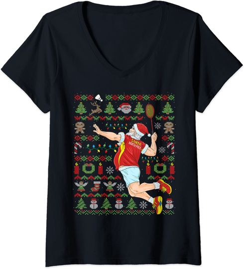Discover Papai Natal Jogador de Badminton Presente de Natal | T-shirt Camisete de Mulher Decote em V