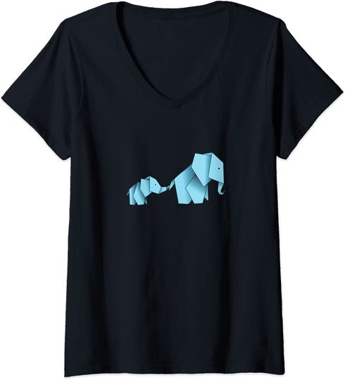 Discover T-shirt Camiseta de Mulher Decote em V Presente Ideal Origami Elefantes Dobrar de Papel Atre Tradiconal Japonesa