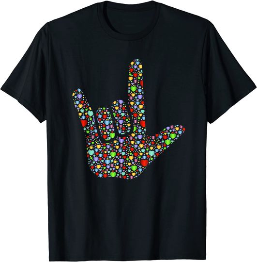 Discover Língua Gestual Linguagem de Sinais Mão Colorida | Camiseta Manga Curta para Homem e Mulher
