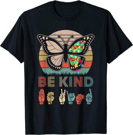 Discover T-shirt Camiseta Manga Curta Unissexo Estilo Retrô Borboleta Língua Gestual Linguagem de Sinais Be Kind