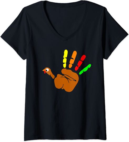 Discover T-shirt Camiseta de Mulher Decote em V Turquia Mão Presentes para O Dia de Ação de Graças