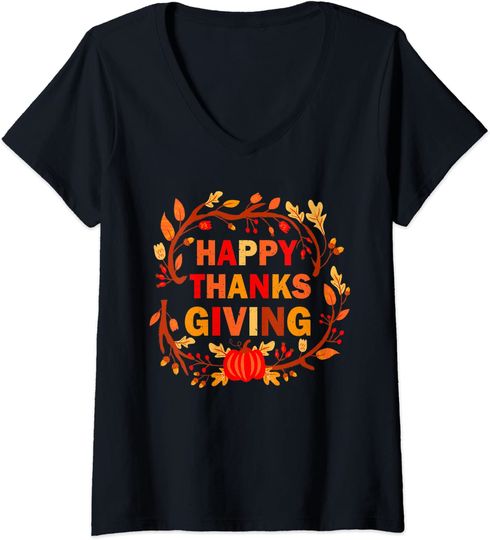 Discover T-shirt Camisete de Mulher Decote em V Feliz Dia de Ação de Graças