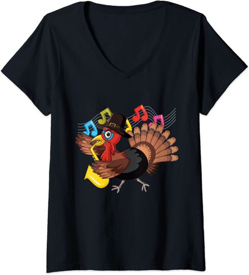 Discover T-shirt Camiseta de Mulher Decote em V Engraçada Turquia e Saxofone Música para o Dia de Ação de Graças