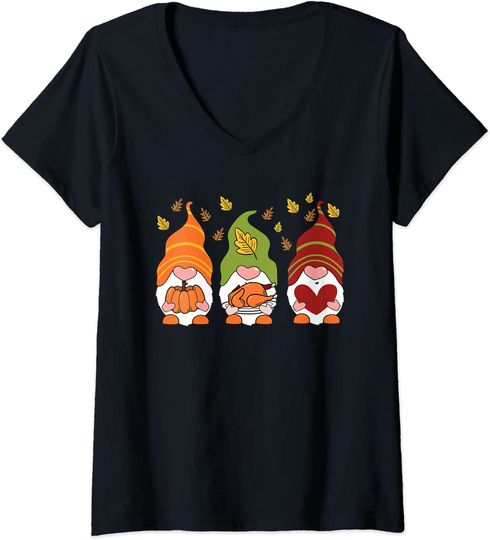 Discover Gnomos Feliz Dia de Ação de Graças | T-shirt Camiseta de Mulher Decote em V
