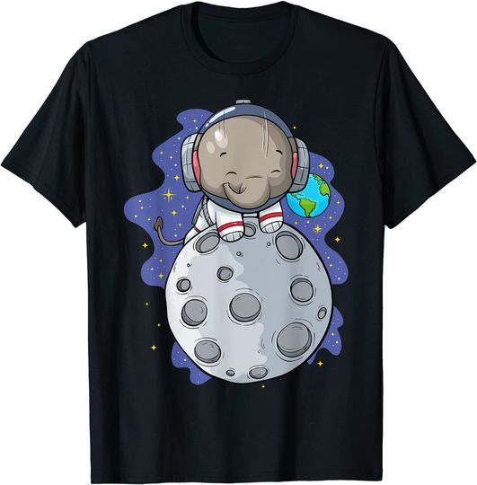 Discover Camiseta T-shirt  O Elefante Astronauta Aterra na Lua Linda Viagem