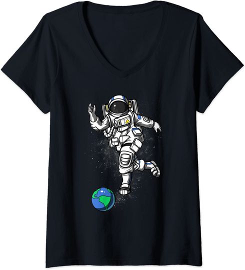 Discover T-shirt Decote em V Mulher Espaço Astronauta Boliche Cósmico Planeta