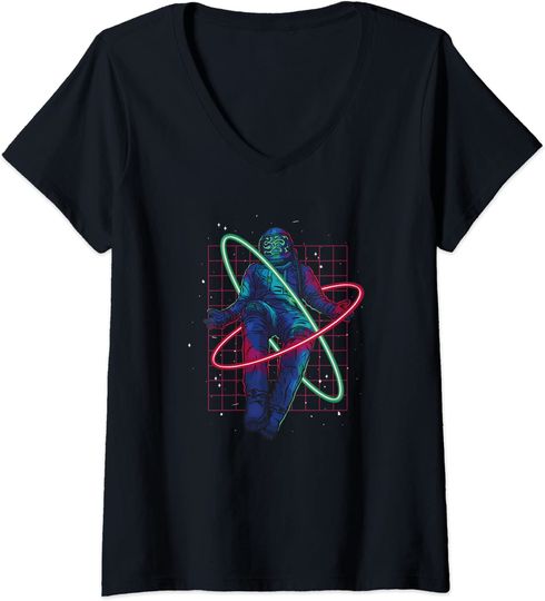 Discover T-shirt Decote em V Mulher Espaço Flutuante da Grade de Astronauta