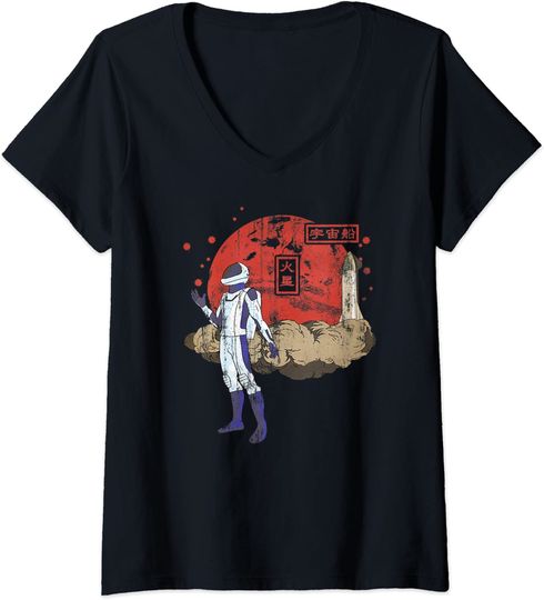 Discover Astronauta e Nave Estelar em Marte Anime Japonês | T-shirt Camiseta de Mulher Decote em V