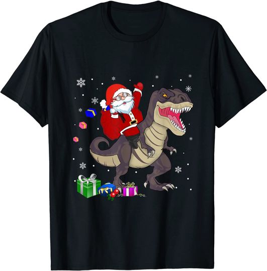 Discover T-shirt Camiseta Papai Noel Cavalgando Dinossauro Presente para Crianças