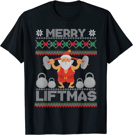 Discover T-shirt para Mulher e Homem Camiseta Papai Noel Levantando Pesos