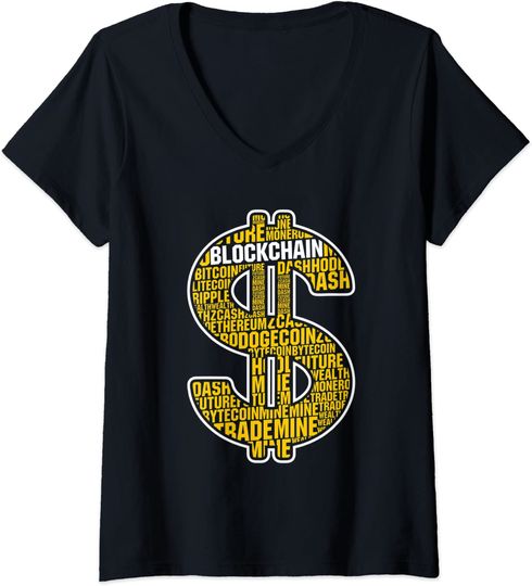 Discover T-shirt Camisete de Mulher com Decote em V Bitcoin Cifrão Criptomoeda