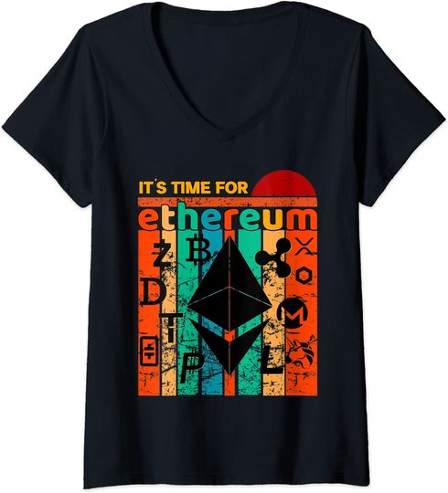 Discover T-shirt de Mulher Es hora de Ethereum, Bitcoin, Litecoin Crypto Decote em V
