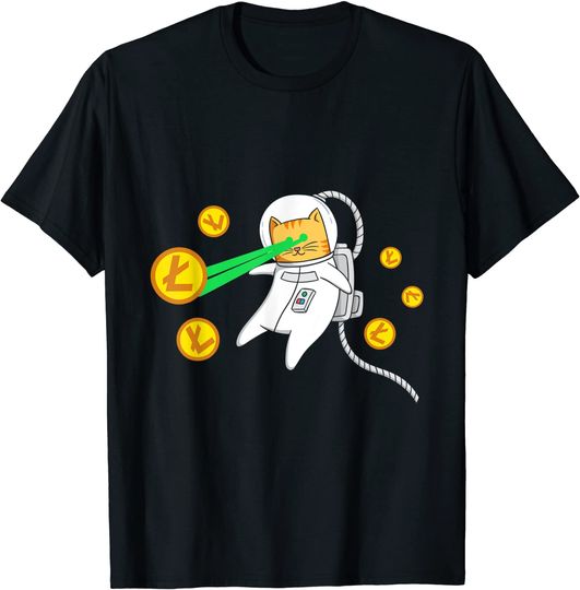 Unissex T-shirt Camiseta para Homem e Mulher Astronauta Litecoin Gato Espacio Ojos Láser Criptodivisa