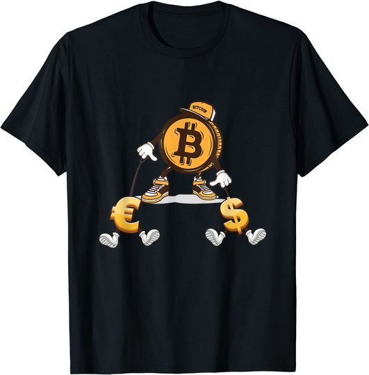 Unissex T-shirt Camiseta para Homem e Mulher Bitcoin Dólar Euro Perro Correa Criptocurrencia Cartera